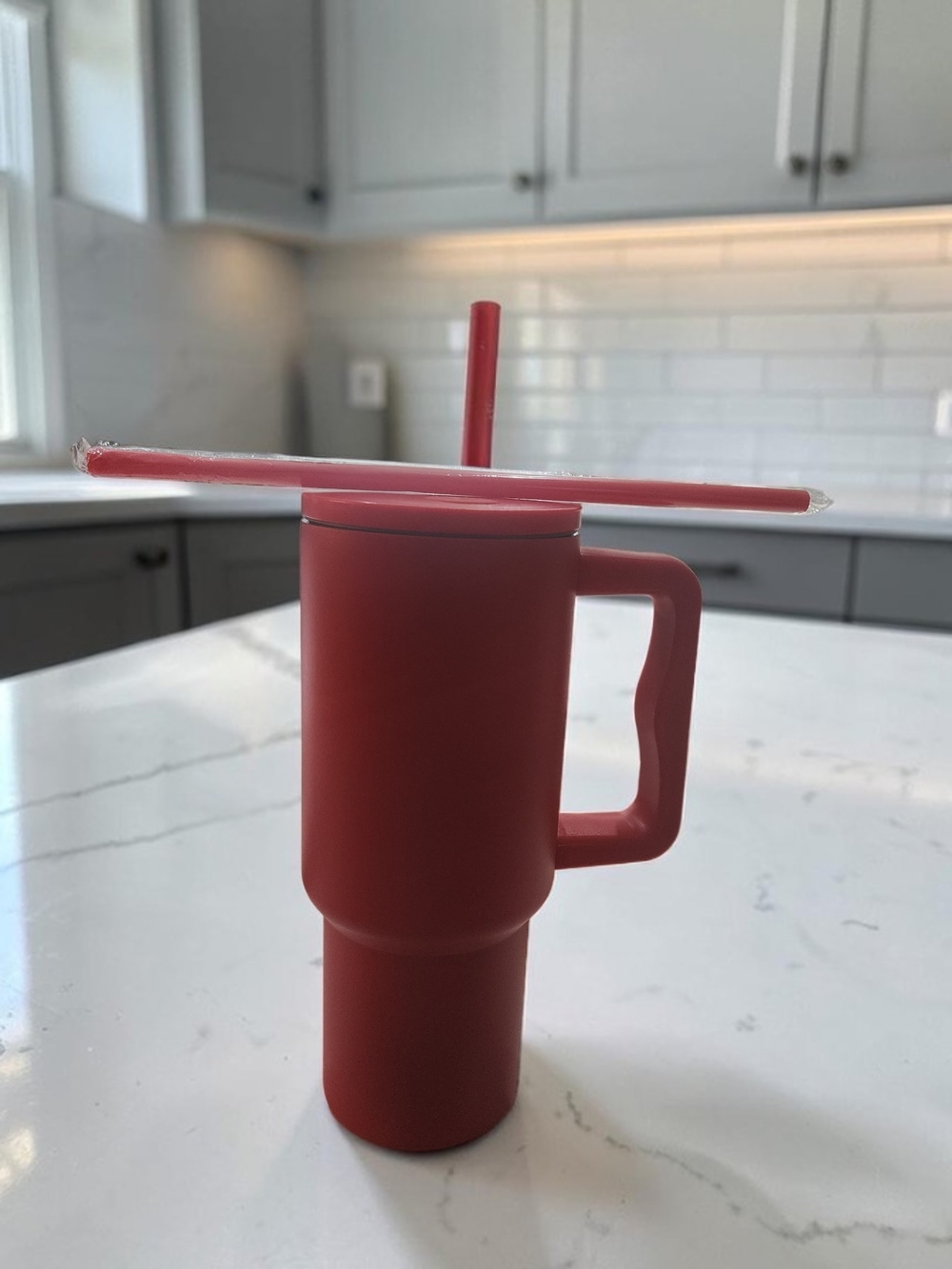 Red Insulated Travel Tumbler with Handle and Straw